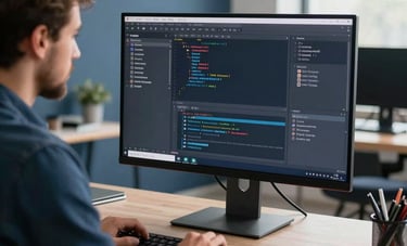 A professional designer in a bright, modern US studio workspace focusing on a large high-resolution monitor displaying creative code, Navy Blue and Slate Blue room accents, sophisticated vibe.