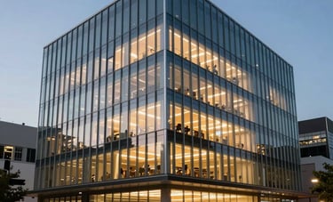 A wide shot of a contemporary glass and steel tech hub in a North American city at dusk, internal warm lights glowing, clean lines, professional and technologically advanced atmosphere.