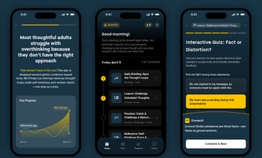 A mental health app interface on mobile screens showing an overthinking quiz and progress tracker.