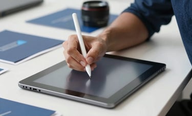 Close-up photography of a professional designer using a stylus on a tablet at a clean white desk, surrounded by sophisticated blue-toned branding materials in a bright, modern studio.