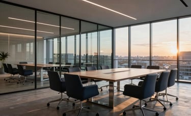 A wide-angle photography shot of a sleek, glass-walled boardroom in a modern Western European tech hub, featuring minimalist steel and wood furniture with deep navy accents, sunset lighting.