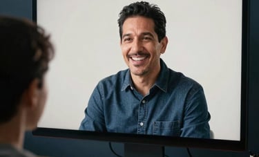 A professional Latin American mentor talking to a student through a large computer screen, conveying warmth, accessibility and professional expertise. Modern studio environment with soft dark blue and off-white background lighting.