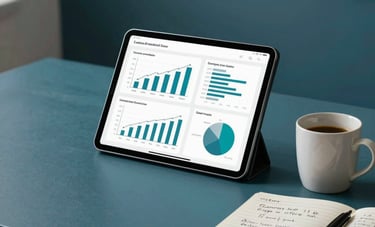 A clean and organized home office setup in a Latin American city apartment, showing a tablet with educational graphs, a ceramic mug, and a notebook with handwritten notes. Professional and empowering atmosphere, lighting in shades of teal and dark blue.