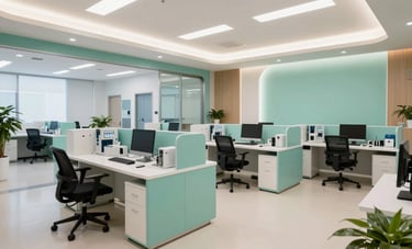 A wide-angle shot of a sophisticated medical administrative office in North America. The environment is organized and modern, with high-end technology and Seafoam Green accents in the decor, reflecting efficient operations.