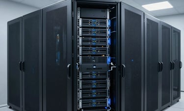 A clean, minimalist photography of a modern server room or data hub with soft lighting. The composition is professional and secure, emphasizing innovative technology and high-level healthcare management.