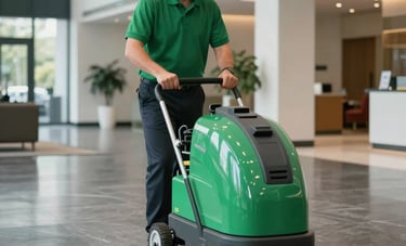 A professional North American / US janitor in a green polo shirt operating an industrial floor scrubber in a wide, modern lobby. The floor is polished dark grey stone reflecting bright, professional lighting. The atmosphere is clean, corporate, and efficient.