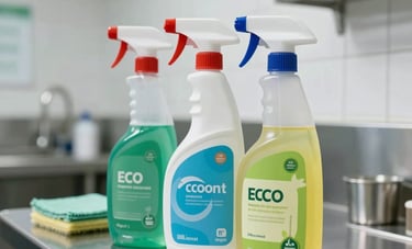 Close-up photography of professional janitorial equipment and eco-friendly cleaning supplies in a sanitized office breakroom in North American / US. Background features gleaming white tiles and stainless steel surfaces, reflecting high-quality hygiene standards.