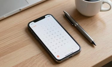 A top-down view of a modern workstation. A smartphone displays a digital calendar with scheduled appointments. Beside it, a clean cup of coffee and a designer pen on a light wood surface. North American / US style interior.