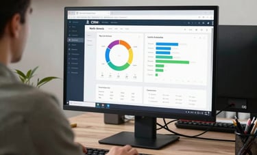 A professional real estate agent's home office in North America. A large monitor displays a sophisticated CRM dashboard with colorful charts. The room is modern and clean, with black and gold accents in the decor.