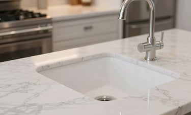 Close-up photography of a pristine North American kitchen. White marble countertops sparkle under warm lighting. A clean sink and stainless steel appliances are visible, emphasizing hygiene.
