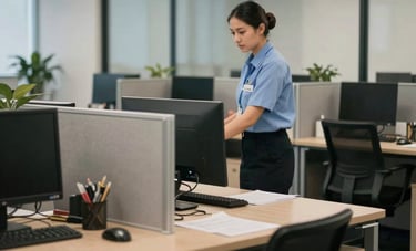 A professional North American office environment with glass partitions and organized desks. The lighting is soft. In the background, a cleaner in a neat uniform is maintaining the space.