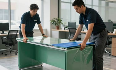 Moving professionals carefully wrapping a modern glass office desk with protective green and blue padding inside a bright North American commercial building.