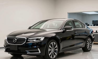 A polished black sedan reflecting the scenic North American / US landscape of New Hampshire, professional detailing workshop environment, sleek and modern lighting, off-white and steel blue accents.