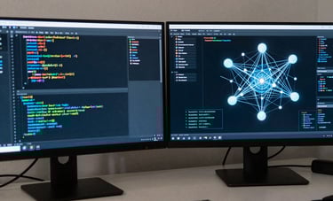 A close-up of a high-tech North American / US workspace. Dual monitors showing complex code and artificial intelligence neural network diagrams. The room is dimly lit with medium blue and off-white accents, conveying deep technical expertise.