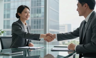 Two business professionals shaking hands across a glass conference table in a North American / US high-rise building. A clean, professional atmosphere with daylight and a backdrop of modern office architecture.
