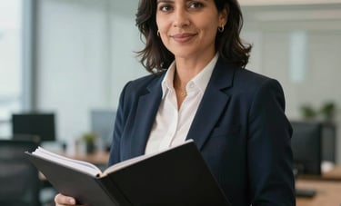 A confident South American entrepreneur standing in a professional environment, holding a legal folder. The composition is clean and trustworthy, with a background of a modern office and lighting that highlights professional reliability.