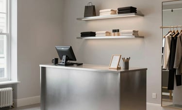 An interior shot of a sophisticated small boutique or professional studio in North America. The lighting is soft and natural, highlighting a clean, organized space with silver and light grey decor.