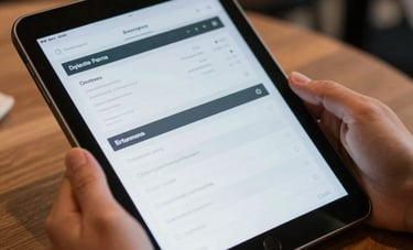 A close-up of a tablet being used by a professional in a North American cafe. The screen shows a clean, organized layout, reflecting efficiency and modern technology in a relaxed, sophisticated setting.