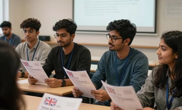 A group of enthusiastic South Asian students in a bright seminar room attending a pre-departure orientation. They are holding UK university brochures and looking at a presentation about student life in Manchester. Warm, encouraging global atmosphere.
