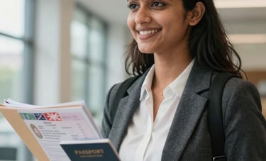 Close-up of a happy South Asian female student in her early twenties, dressed in smart casual attire, holding a folder of visa documents and a UK passport. She is standing in a brightly lit modern building with a sense of achievement and global aspiration.