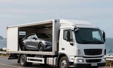 Action photography of an enclosed luxury car transporter on a scenic coastal road in the North American / European Luxury Automotive Market. The transport truck is clean and professional, symbolizing secure and discreet logistics for high-value vehicles.