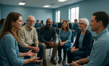 A wide-angle photography shot of a community town hall meeting in a North American setting. People are seated in a circle, engaged in positive dialogue within a modern facility. The color palette features air force blue and soft sky blue tones.