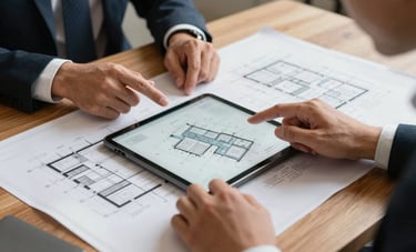 A professional photography shot of a strategy session with a digital tablet and architectural blueprints on a wooden table in a North American city hall. Hands are gesturing toward the screen, showcasing strategic planning and professional expertise.