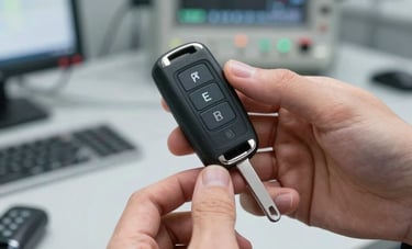 A high-detail photograph of a modern electronic car key fob held in professional hands in a Northern European setting. Background shows a clean technical workshop with specialized electronic diagnostic tools. The lighting is crisp, highlighting the textures of the key and the expert environment.