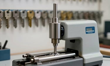 A focused shot of a modern key cutting machine in a Swedish locksmith shop. Metal shavings glisten on the machine surface. In the blurred background, rows of silver and brass key blanks hang neatly on a wall. The scene is bright and professional, suggesting precision and reliability.