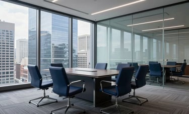 Wide shot of a contemporary glass boardroom in a US city skyscraper, sleek furniture, professional and efficient mood, daytime lighting, featuring palette colors of navy blue and grayish blue.