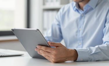 Close-up of a professional in business casual attire using a tablet in a bright, modern North American workspace, soft focus on the background, emphasizing clarity and efficiency with white and medium blue tones.