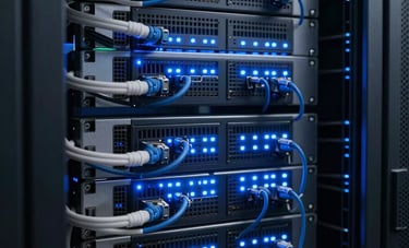 Close-up photography of a modern, professional server rack with blinking blue LED lights and organized cabling in a secure data center. The style is clean, sharp, and high-tech, emphasizing reliability and data security.