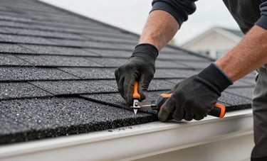 Close-up of a skilled contractor in work gloves carefully installing high-quality asphalt shingles on a residential North American house, precision tools visible, clean and modern aesthetic with deep gray and off-white tones.