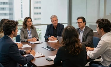 A collaborative strategy session in a glass-walled meeting room in Sao Paulo. Brazilian professionals discuss a project, with Dark Slate Blue furniture and clean, authoritative lighting.