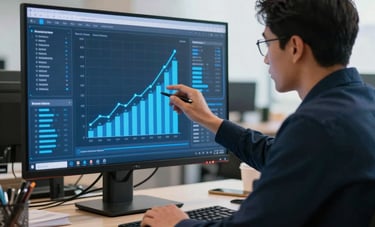 A focused professional in a modern South American coworking space, analyzing growth charts on a high-resolution screen with Bright Blue data visualizations. Minimalist and sharp style.