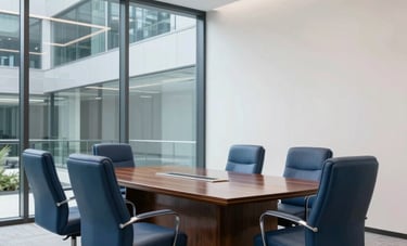 A professional wide-angle shot of a modern glass-walled boardroom in a US corporate building. Sleek slate blue leather chairs, a polished mahogany table, and clean white walls. The lighting is bright and authoritative.