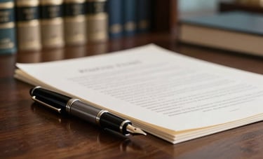 A sophisticated close-up of a dark wood desk in a North American legal library with blurred law books in the background. A professional fountain pen and clean off-white documents suggest careful preparation. Subtle light blue accents in the background.