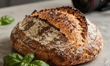 A close-up photograph of artisanal sourdough bread and fresh basil on a stone countertop. The lighting is warm and cinematic, emphasizing texture. Authentic Northern European restaurant kitchen setting, blurry professional camera lens in the background corner.