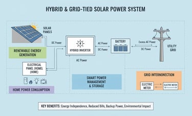 Diagram showing a hybrid and grid-tied solar power system with solar panels, hybrid inverter, and battery storage.