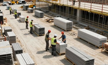 A wide shot of an organized construction site in Central Europe. Workers are assisting with material management. The atmosphere is professional, safe, and efficient. Lighting is bright daylight, highlighting order and coordination.
