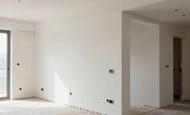 Photography of a freshly finished modern apartment building interior in Germany. The surfaces are gleaming, and the space is free of construction dust. Professional equipment is visible in the corner. Clear, sharp lighting highlights the quality of work.