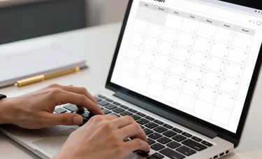 Close-up of professional hands typing on a laptop and checking a digital calendar in a bright office in Brazil. Elements of gold and muted blue colors are present in the decor. Professional photography, clean and efficient atmosphere.