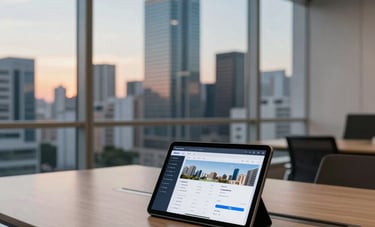A modern meeting room in a Brazilian skyscraper. Large windows showing a city skyline at sunset. A clean table with a tablet showing real estate CRM data. High-end, solid, and professional feel. Muted blue and tan palette.