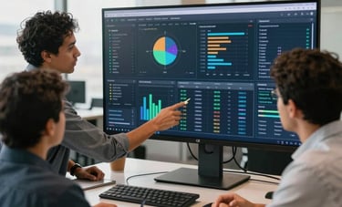A collaborative South American / Brazilian tech office environment where professionals are analyzing data charts on a large modern screen, bright natural light, professional attire, focus on innovation and digital transformation.