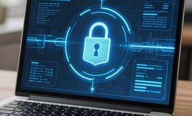 A close-up of a modern laptop in a South American / Brazilian business setting showing stylized data encryption graphics, medium blue ambient lighting, representing high-level information security and trust.