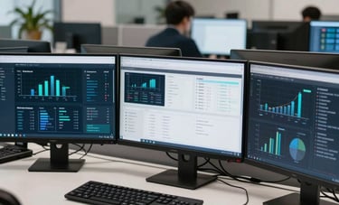A modern, high-tech workspace in a North American secure office. A professional desktop computing setup with multiple monitors is focused on efficiency and strategic intelligence. Reliable and clean aesthetic.