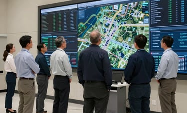 A collaborative team of experts in a North American strategic intelligence facility. They are standing around large data screens, coordinating complex mission goals. Professional atmosphere with off-white and muted blue lighting.