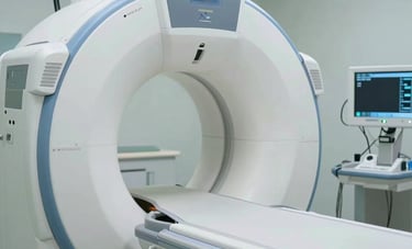 A close-up photograph of a state-of-the-art diagnostic imaging machine in a South American / Brazilian clinic. The lighting is bright and clinical, using medium blue and light blue accents to convey advanced technology and precision.
