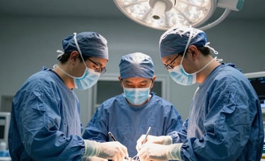 Photography of a surgical team in a sterile, modern operating room in Brazil, focused on a scheduled procedure. Professional lighting highlighting the clean environment and specialized equipment. Tones of dark blue and medium blue.