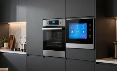 A sleek, dark-themed kitchen interior featuring integrated high-end appliances, smart touch-screen controls on the wall, and elegant gold lighting fixtures over a breakfast bar, sophisticated atmosphere, North American / US.